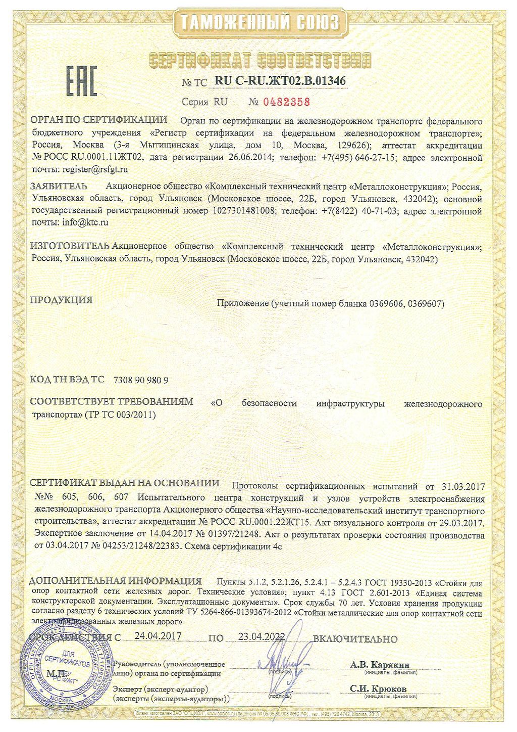Сертификат соответствия № 0482358, КТЦ Металлоконструкция